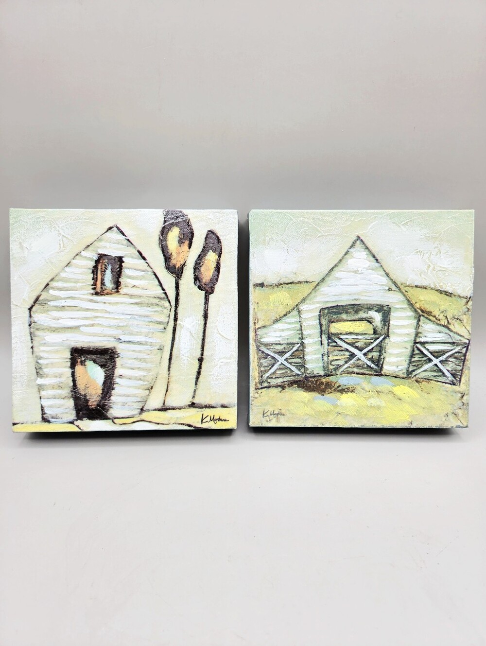 Kelly Montana Signed Original Farmhouse & Barn Canvas Paintings, Set of 2
